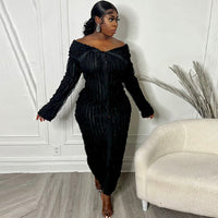 Long Sleeve One Line Lapel Wave Pattern Maxi Dress