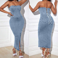 Womens Strappyless Denim Washed Maxi Dress