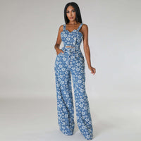 Jacquard Sleeveless Tank Top Flower Wide Long Pants Suit