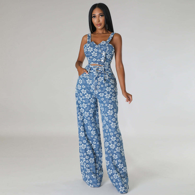 Jacquard Sleeveless Tank Top Flower Wide Long Pants Suit