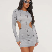 Long Sleeve Backless Honeycomb Pattern Mini Dress