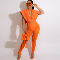 Cap Sleeve Deep V Neck Vest Tight Long Pants Suit