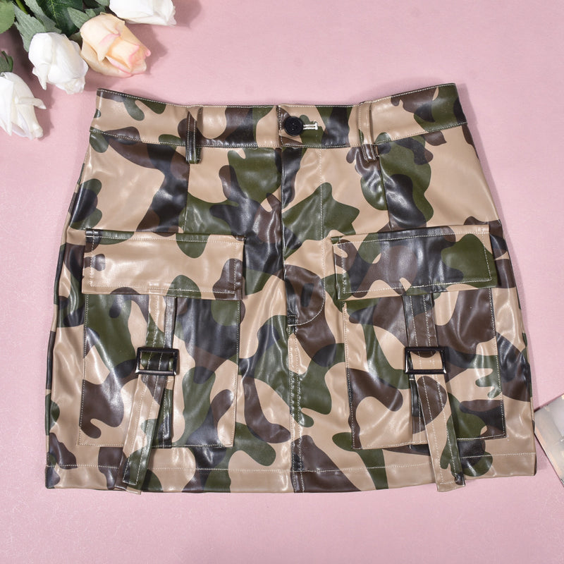 Leather Camouflage Printed Sexy Mini Skirt