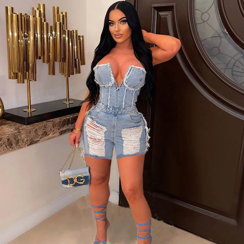 Hole Zipper Short Chest Wrapped Denim Romper