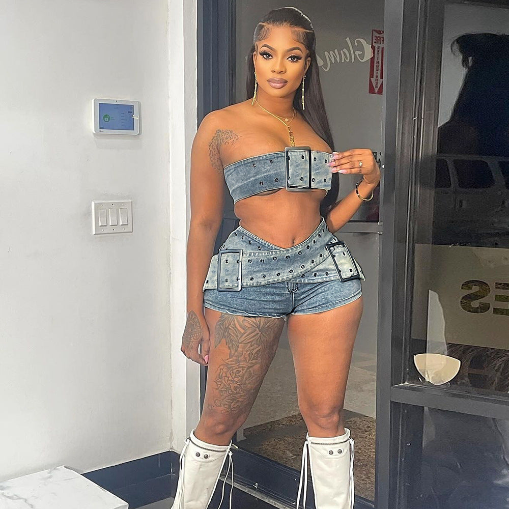 Adjustable Sexy Tube Top Denim Shorts Suit