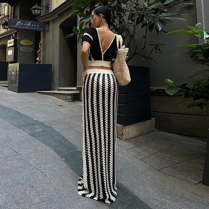 Short Sleeve Deep V Neck Stripe Knitted Maxi Skirt Suit