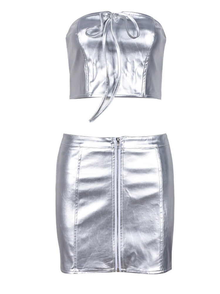 Off Shoulder Wrapped Top Bling Mini Skirt Suit