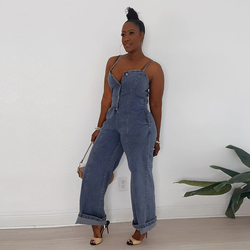 Suspenders Wrapped Buttoned Washed Jumpsuit