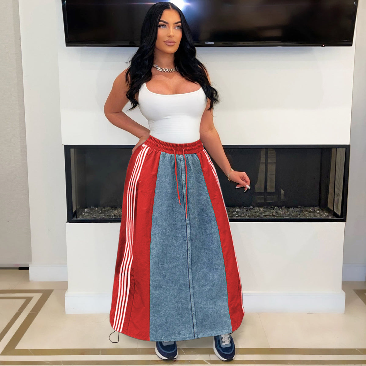 Casual Striped A-Line Loose Fit Denim Long Skirt