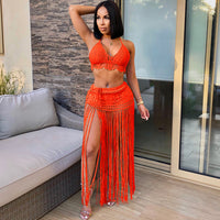 Halter Neck Beach Laced Top Long Tassel Skirt Suit