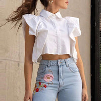 Short Sleeve Lotus Leaf Sleeve Crop Shirt Blouse