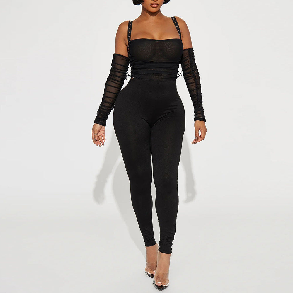 Backless Mesh Suspenders Top Leggings Pants Suit