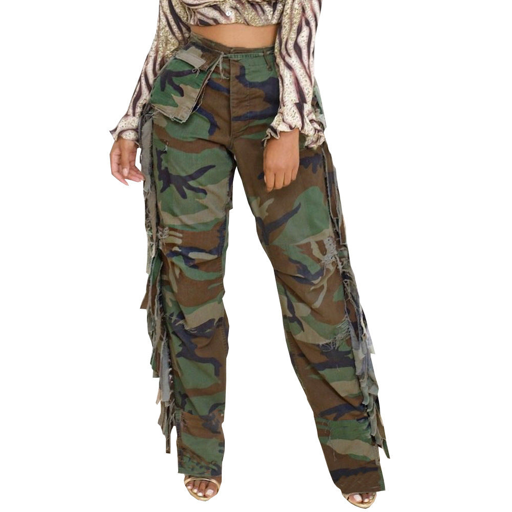 Camouflage Side Tassel Pocket Casual Long Pants