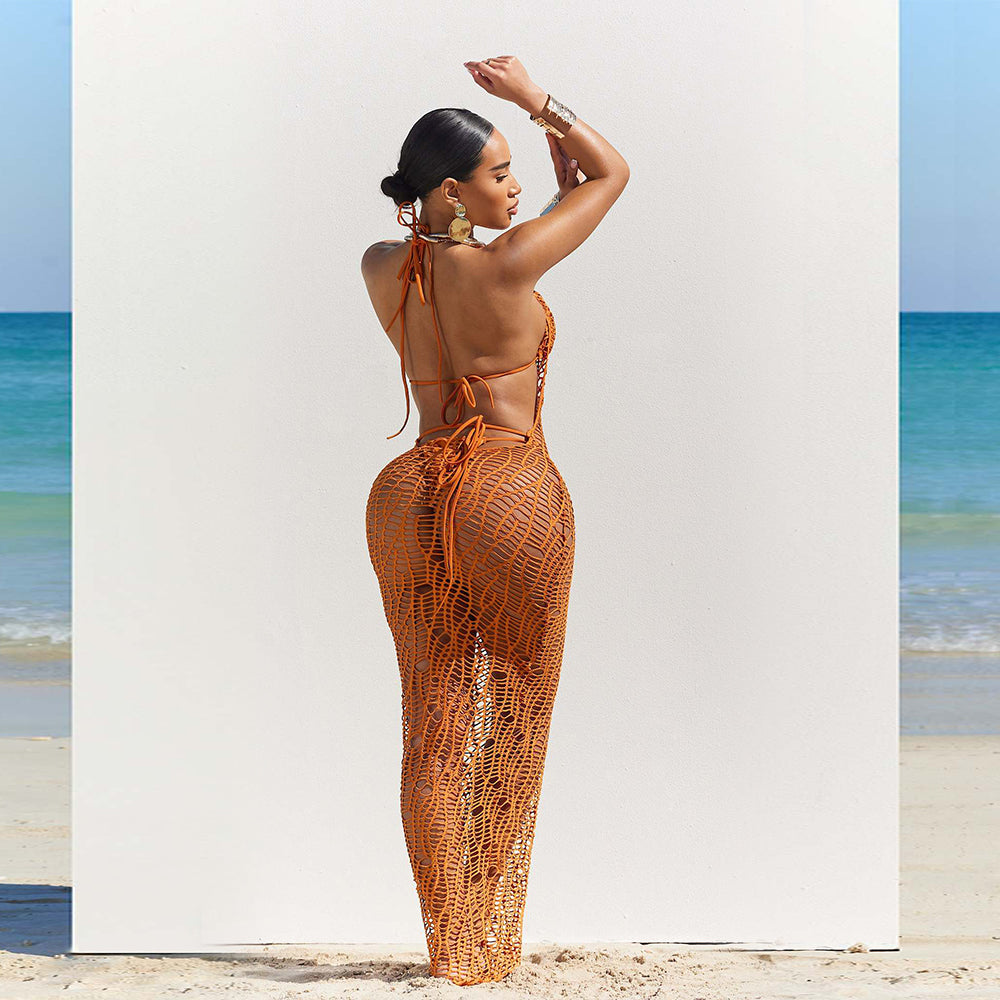 Halter Neck Bare Back Beach Long Skirt Suit