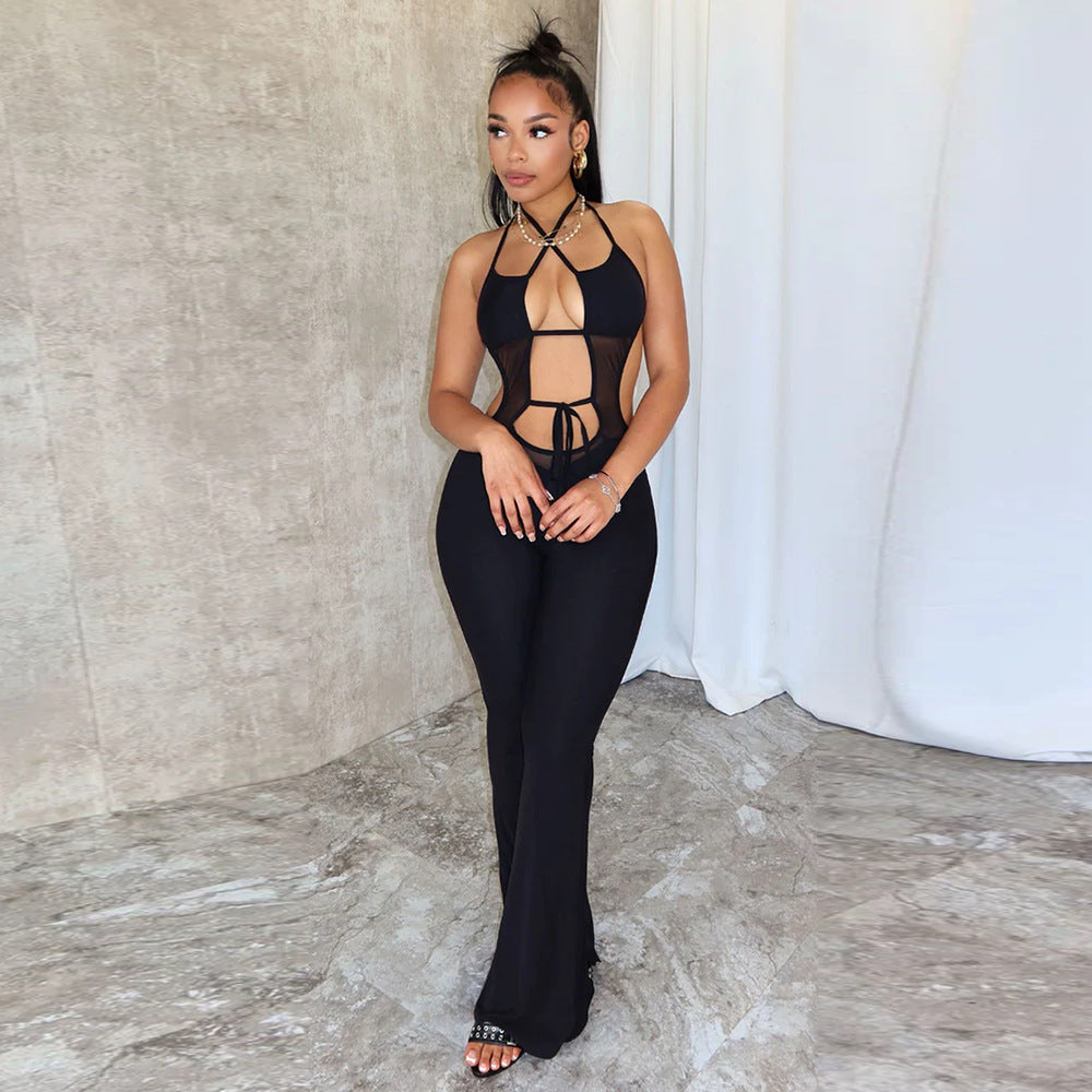 Sleeveless Halter Neck Double Strapy Wide Leg Jumpsuit