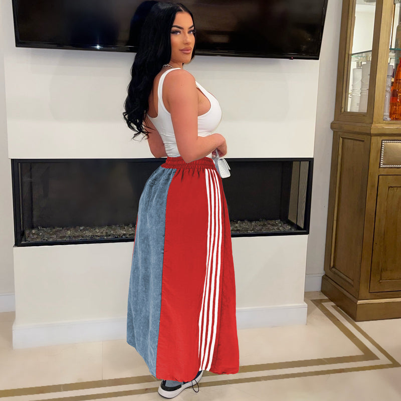 Casual Striped A-Line Loose Fit Denim Long Skirt