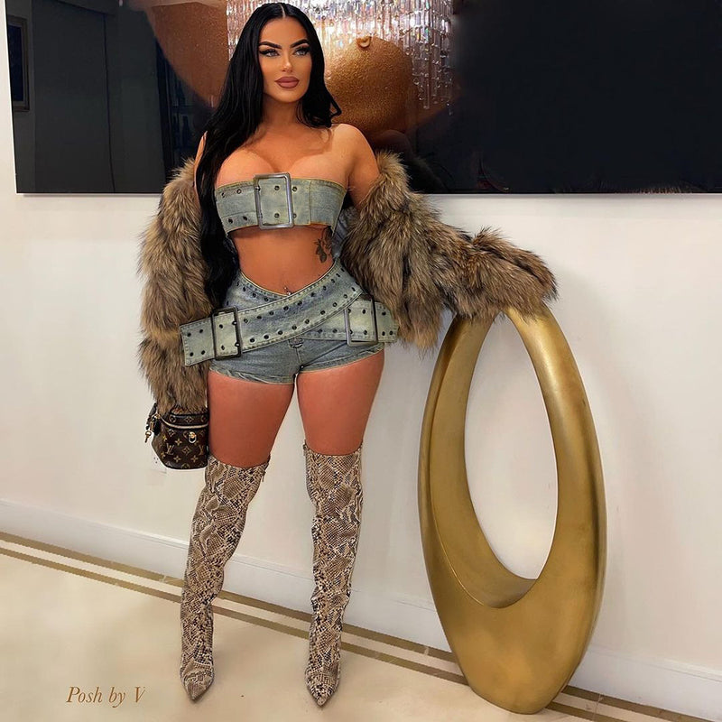 Adjustable Sexy Tube Top Denim Shorts Suit