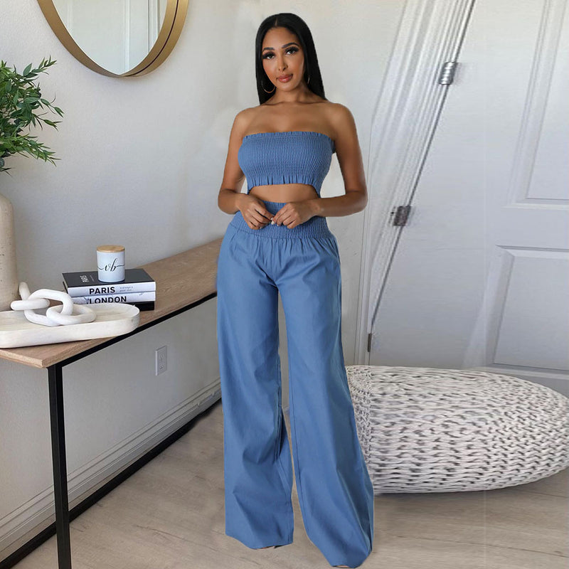 Casual Tube Top High Waist Loose Fit Pants Suit