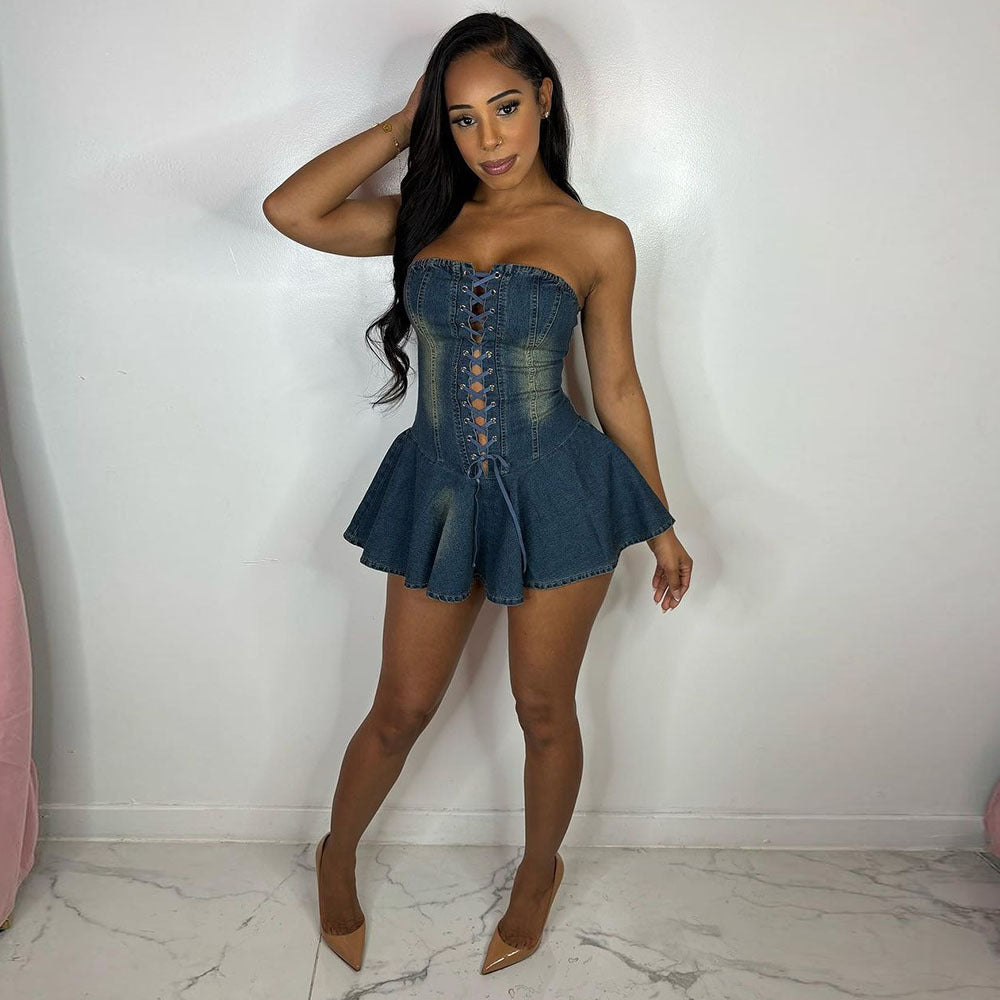 Lace Up Chest Wrap Sexy Denim Lotus Tube Dress