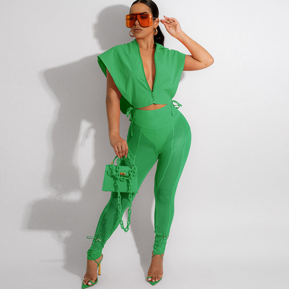 Cap Sleeve Deep V Neck Vest Tight Long Pants Suit