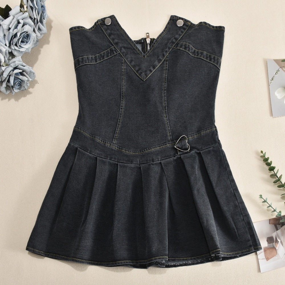 Strapless Pleated V Neck French Denim Dress