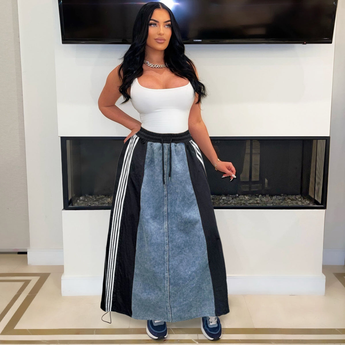 Casual Striped A-Line Loose Fit Denim Long Skirt