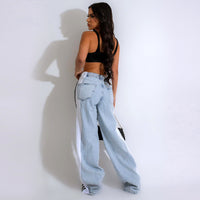 Three Stripe Stitching Wide Leg Denim Long Pants