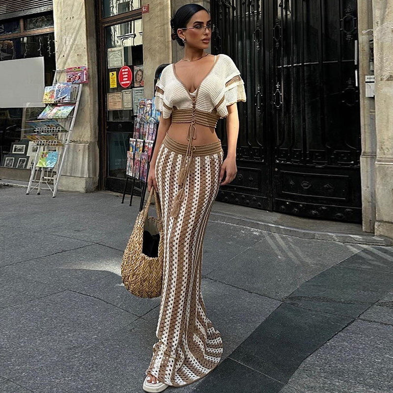 Short Sleeve Deep V Neck Stripe Knitted Maxi Skirt Suit