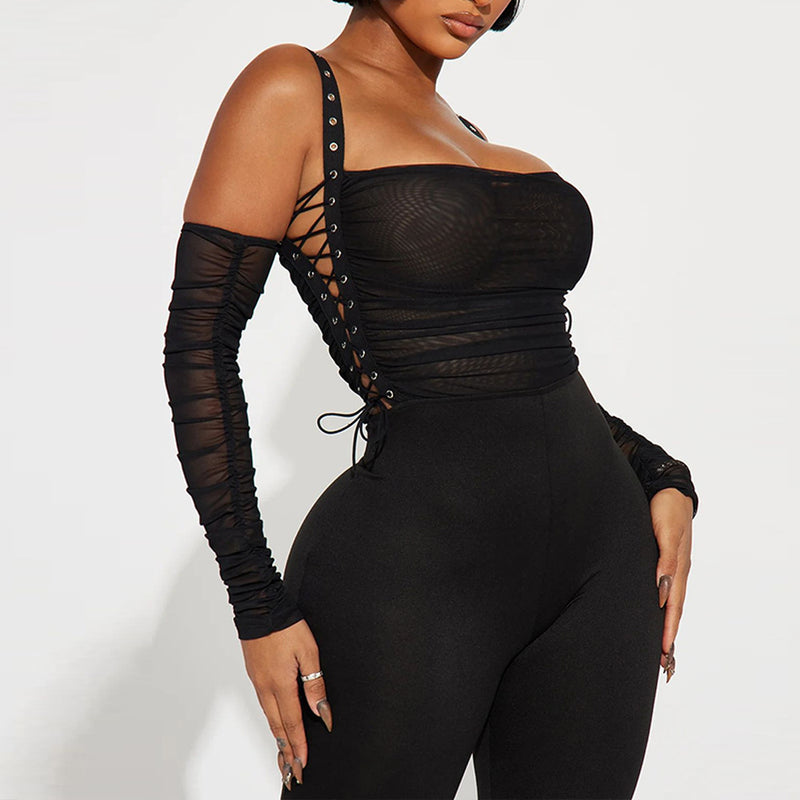 Backless Mesh Suspenders Top Leggings Pants Suit