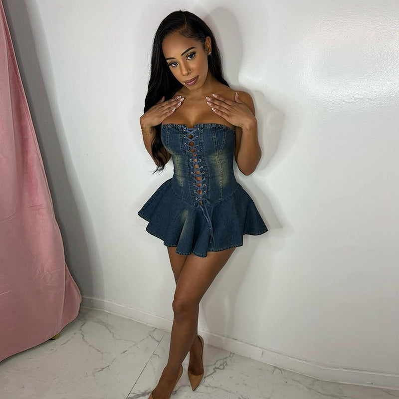 Lace Up Chest Wrap Sexy Denim Lotus Tube Dress