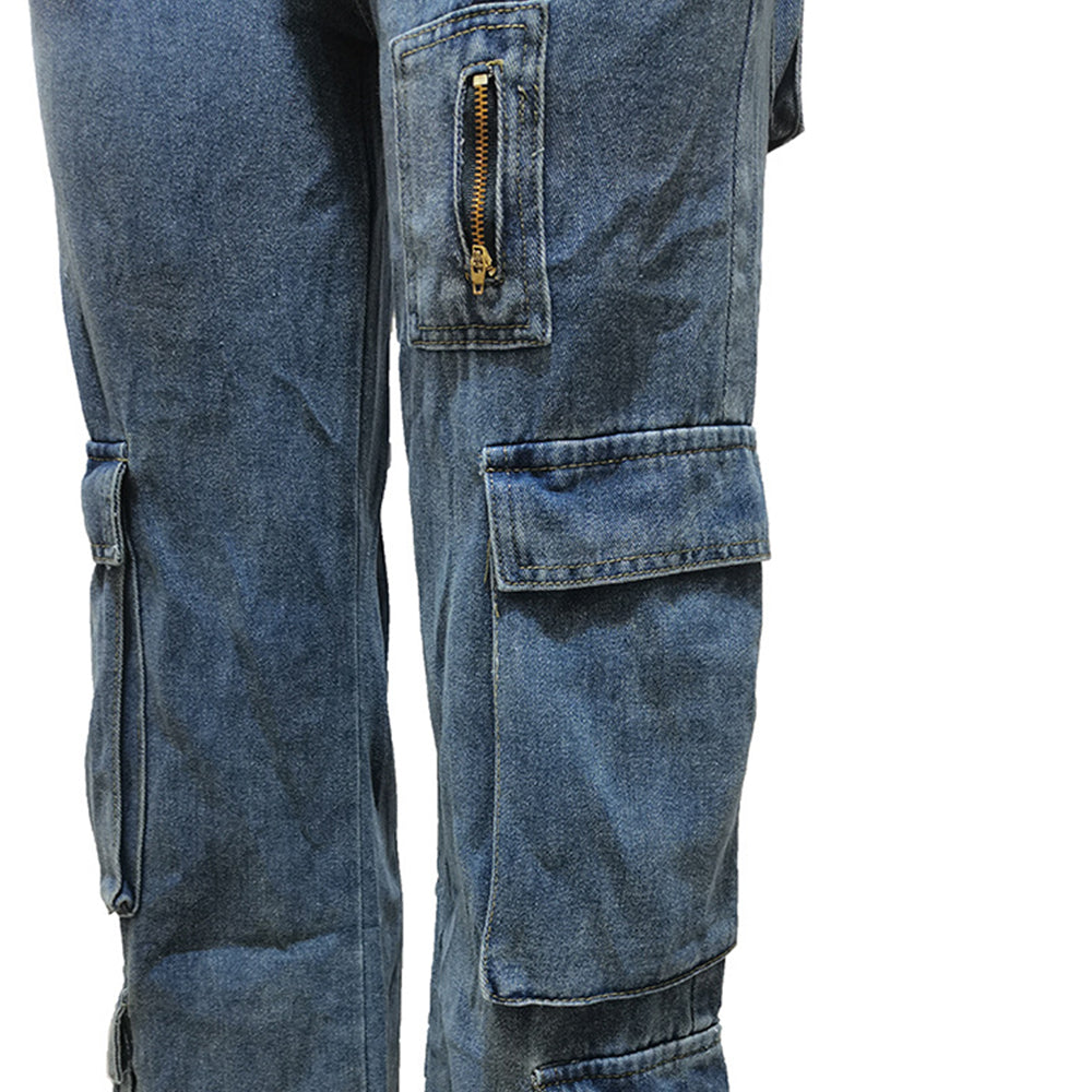 Washed Multi Pockets Low Banding Waist Denim Pants