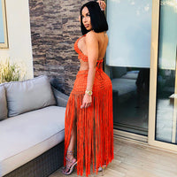 Halter Neck Beach Laced Top Long Tassel Skirt Suit