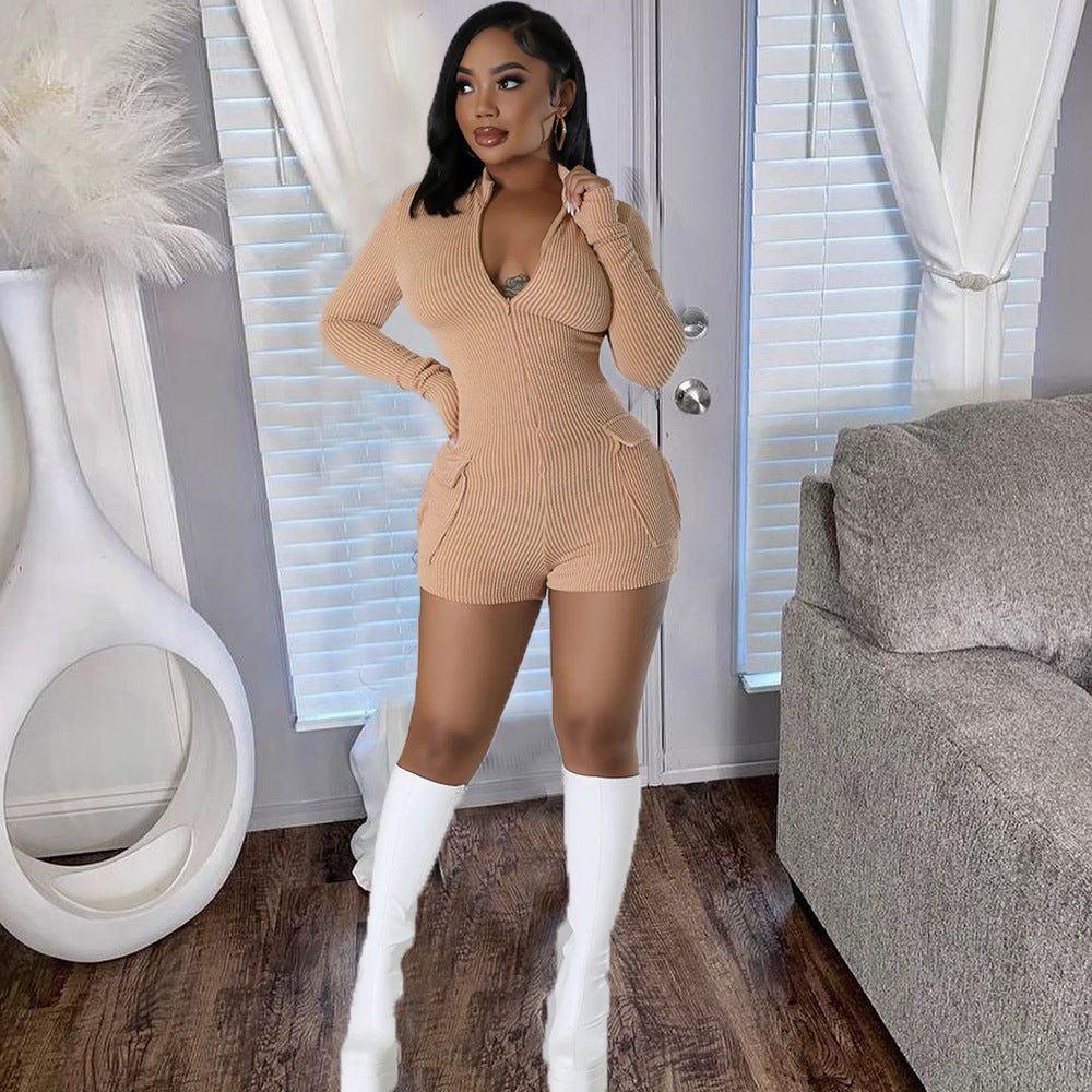 Long Sleeve Deep V Neck Zip Up Stretch Golden Romper