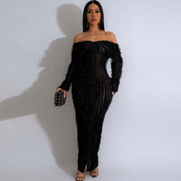 Long Sleeve One Line Lapel Wave Pattern Maxi Dress