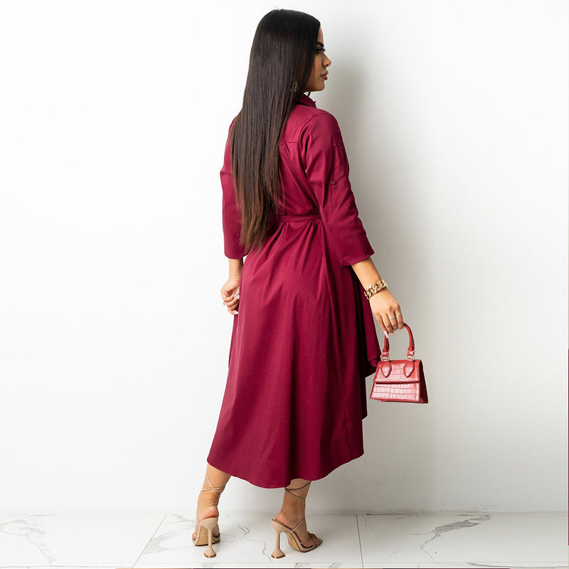 3/4 Sleeve Unbalanced Hem Button Down Shirt Dress