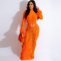 Long Sleeve Hand Knitted Tassel Maxi Beach Dress