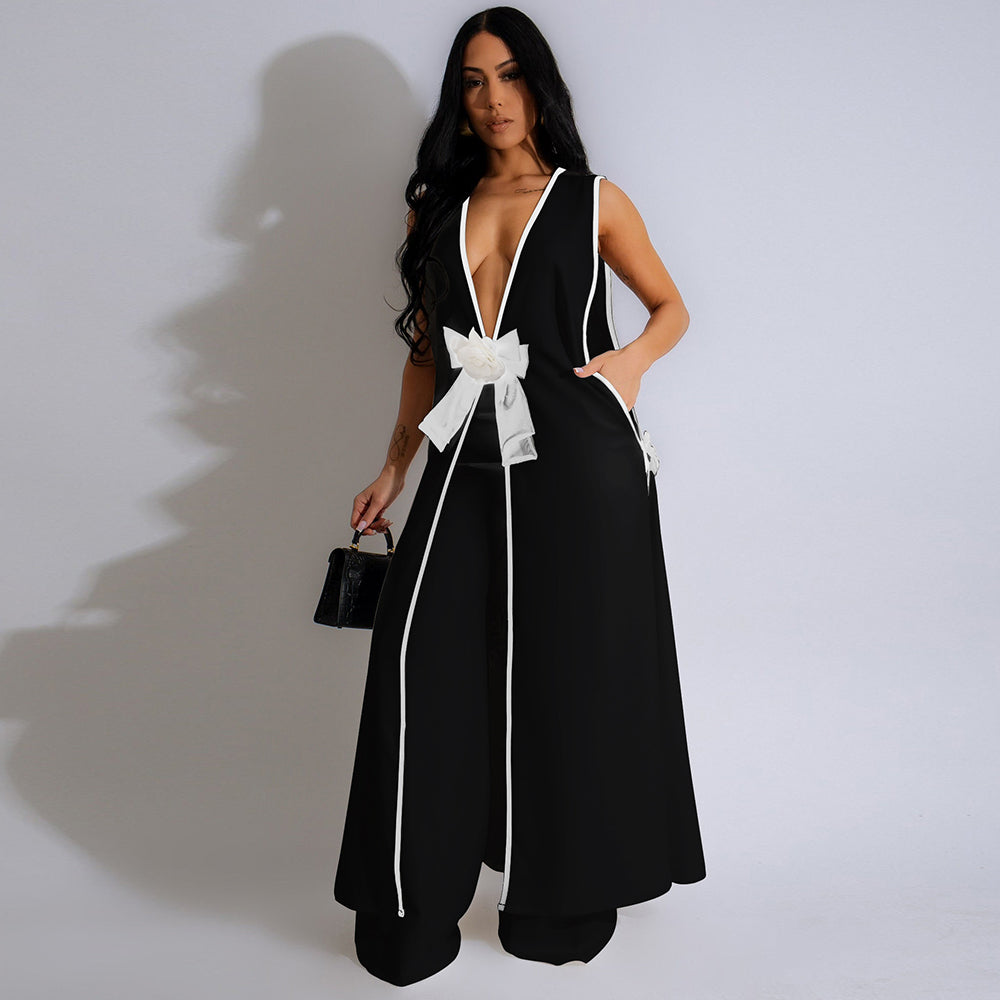 Camellia Bow Long Cardigan Long Pants Suit