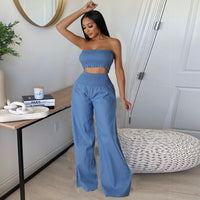 Casual Tube Top High Waist Loose Fit Pants Suit