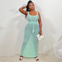 Sleeveless Tie Mesh Knitted Beach Maxi Skirt Suit