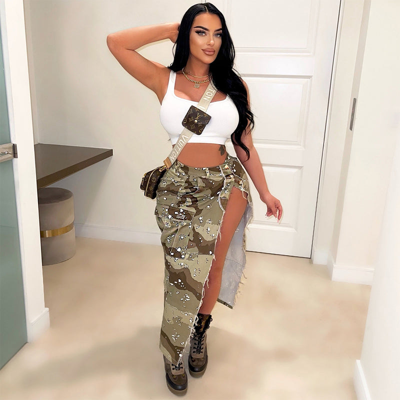 Camouflage Washed Pocket Slit Casual Maxi Skirt