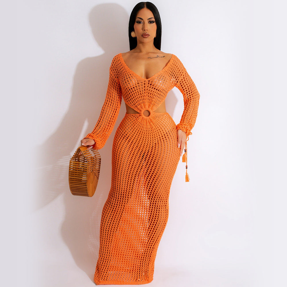 Long Sleeve Off Shoulder Knitted Beach Maxi Dress