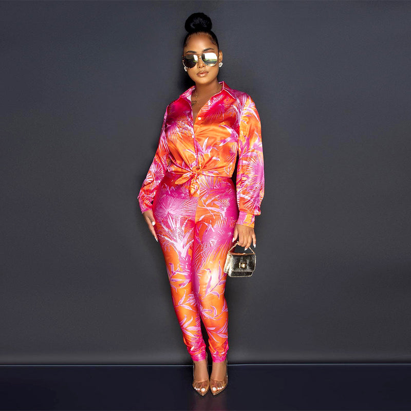 Long Sleeve Florarl Printed Shirt Pants Suit