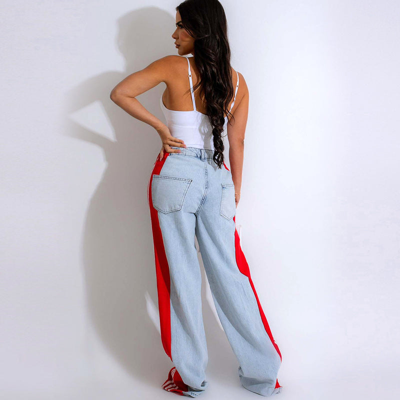 Three Stripe Stitching Wide Leg Denim Long Pants