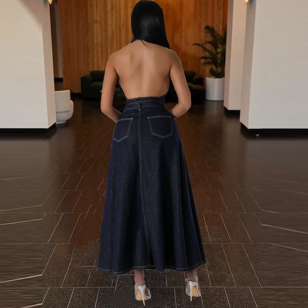 Backless Washed Sleeveless Denim Shirt Skirt Suit