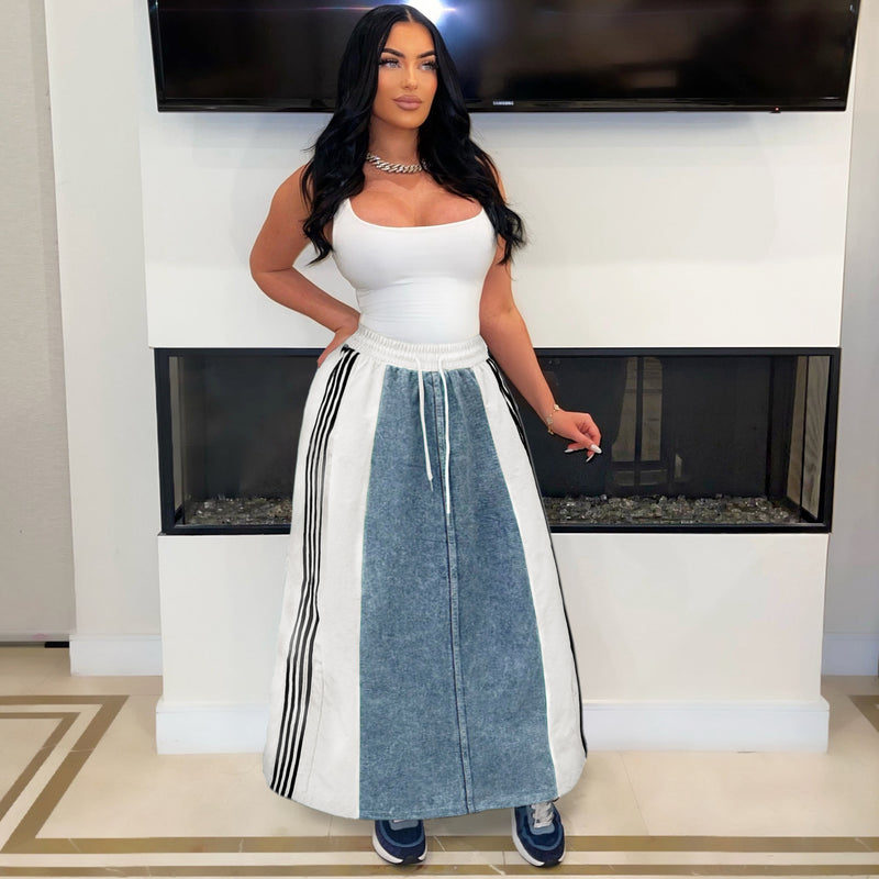 Casual Striped A-Line Loose Fit Denim Long Skirt