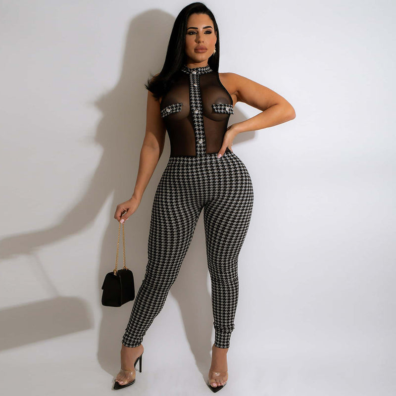 Sleeveless Halter Neck Ribbed Houndstooth Print Mesh Jumpsuit