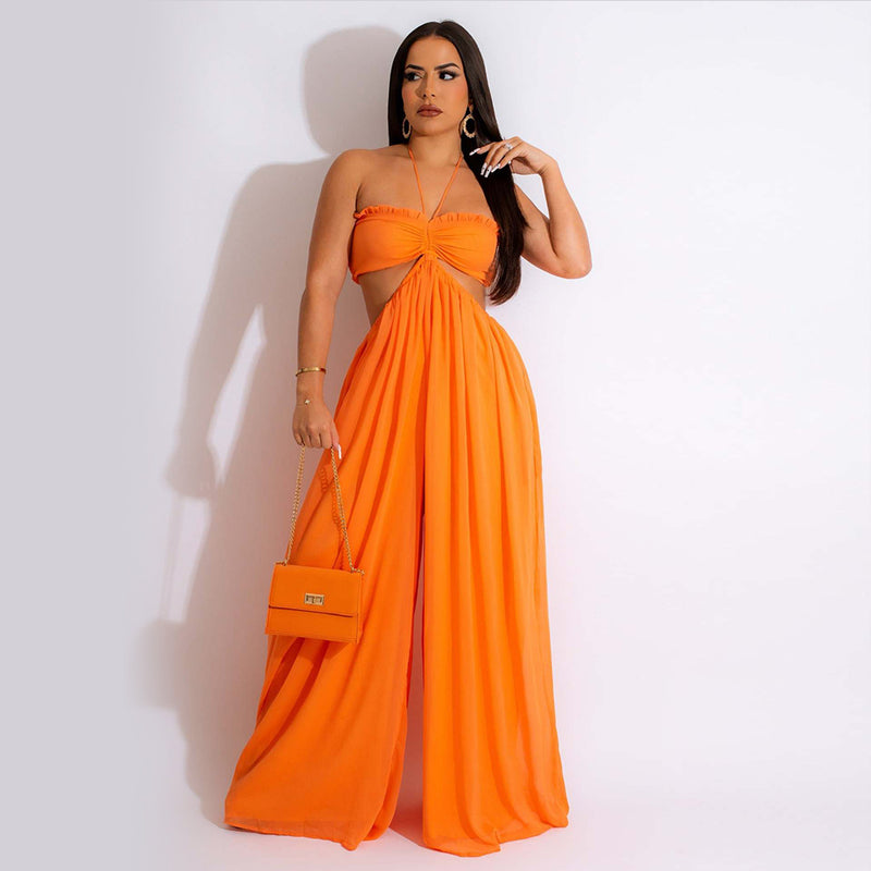 Chiffon Wrapped Chest Wide Leg Casual Jumpsuit