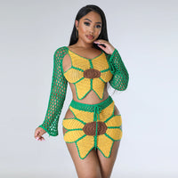 Long Sleeve Sun Flower Pattern Crochet Top Mini Skirt Suit