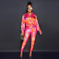 Long Sleeve Florarl Printed Shirt Pants Suit