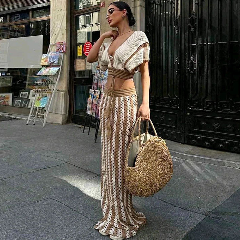 Short Sleeve Deep V Neck Stripe Knitted Maxi Skirt Suit